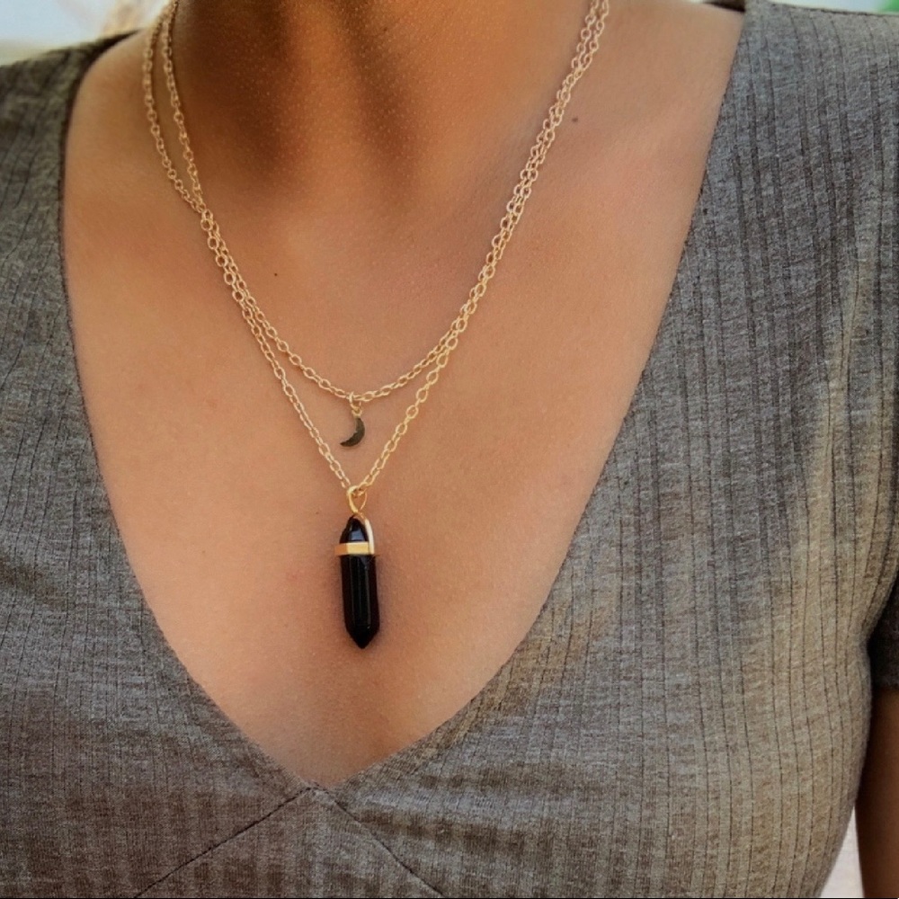 Black stone gold double layer necklace